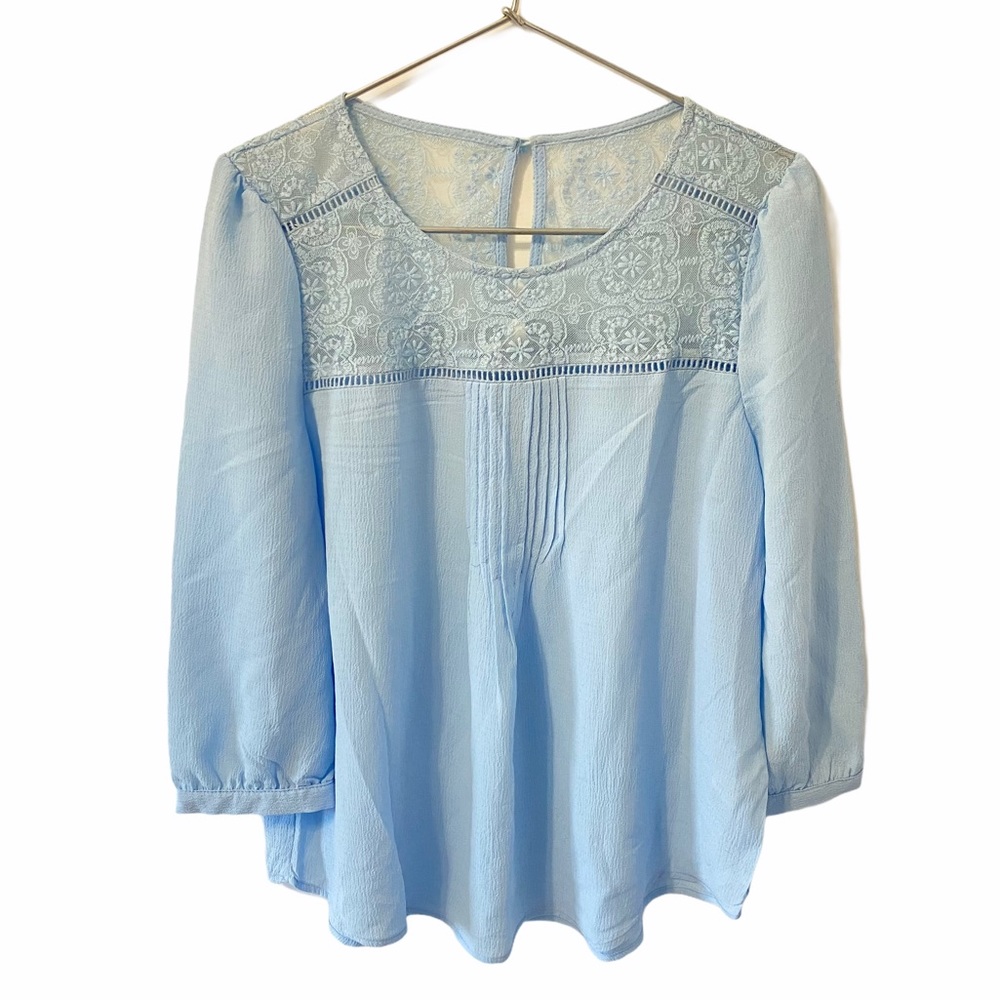 MINE Baby Blue Lace 3/4 Sleeve Blouse Top NWT